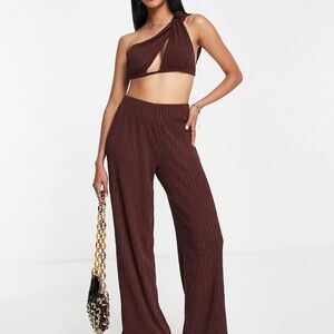 ASOS design crinkle Brown wide leg trousers and one shoulder bralette set